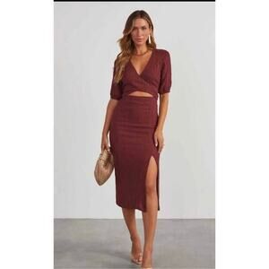Fore Medium Brown Crinkle Front Tie Cut Out Bodycon Slit Dress NWOT